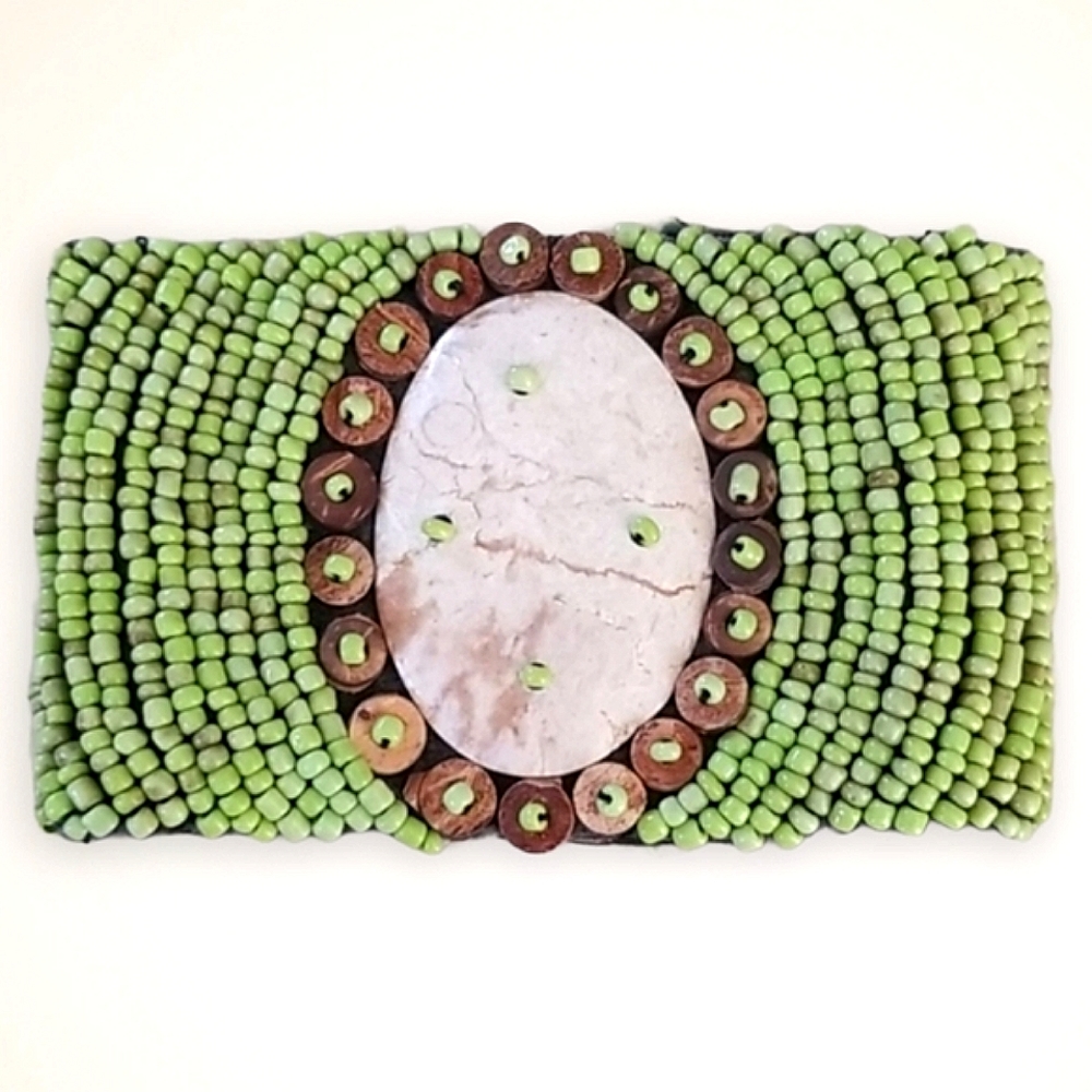 Vintage 1970s Seed Bead Wood Stone Cuff Bracelet